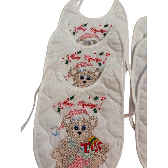 Set of 6 Vintage White Quilted Cross Stitch Look Baby Bibs Holiday Design Santa - Picture 4 of 6